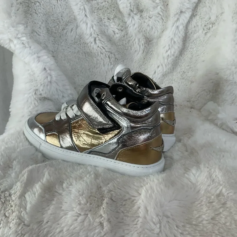 NEW Zadig & Voltaire Silver Gold Mid Top Flash Vintage Metallic Mix Sneakers 6.5